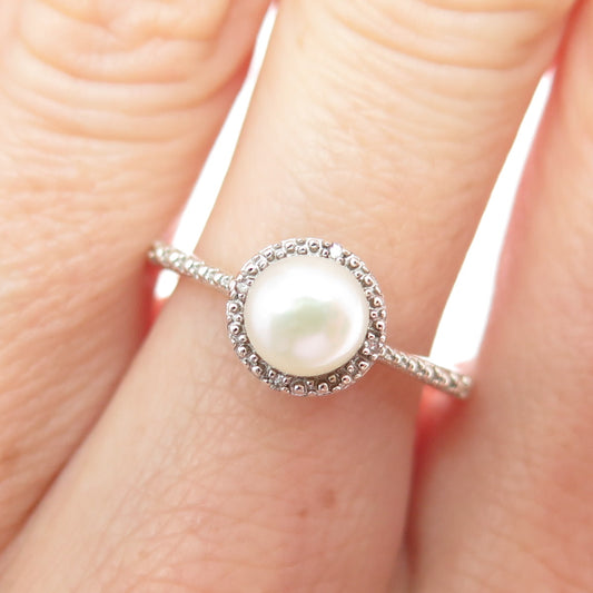 925 Sterling Silver Real Diamond Accent & Pearl Ring Size 7