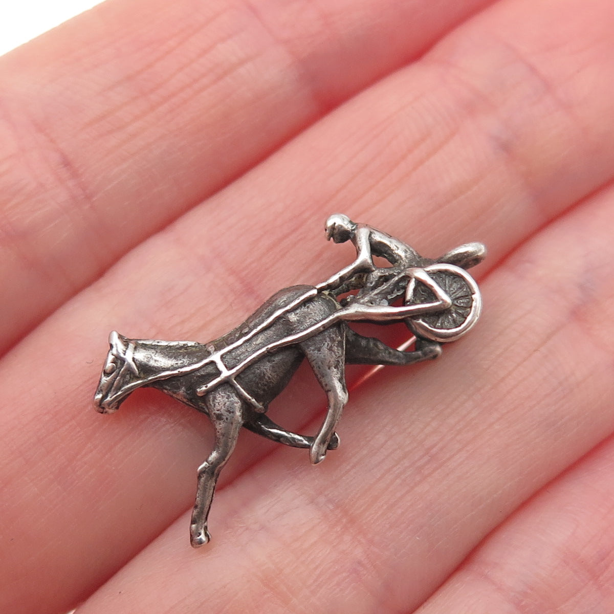 925 Sterling Silver Antique Art Deco Jockey & Racing Horse Oxidized 3D Miniature