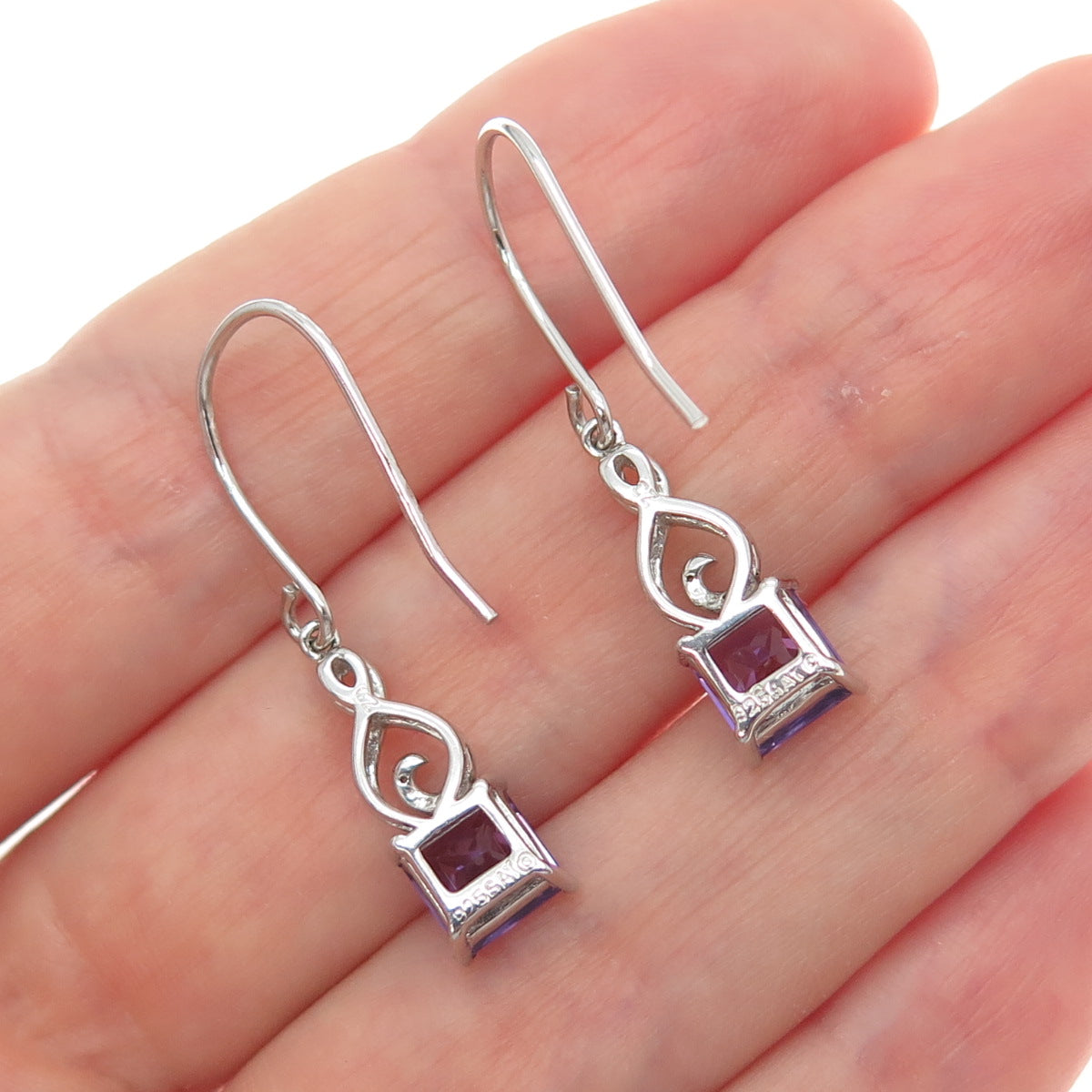 SAI 925 Sterling Silver Real Amethyst & C Z Treble Clef Dangle Earrings