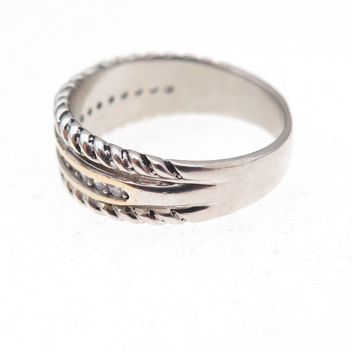 925 Sterling Silver 14K Gold Vintage Round-Cut C Z Oxidized Ring Size 7