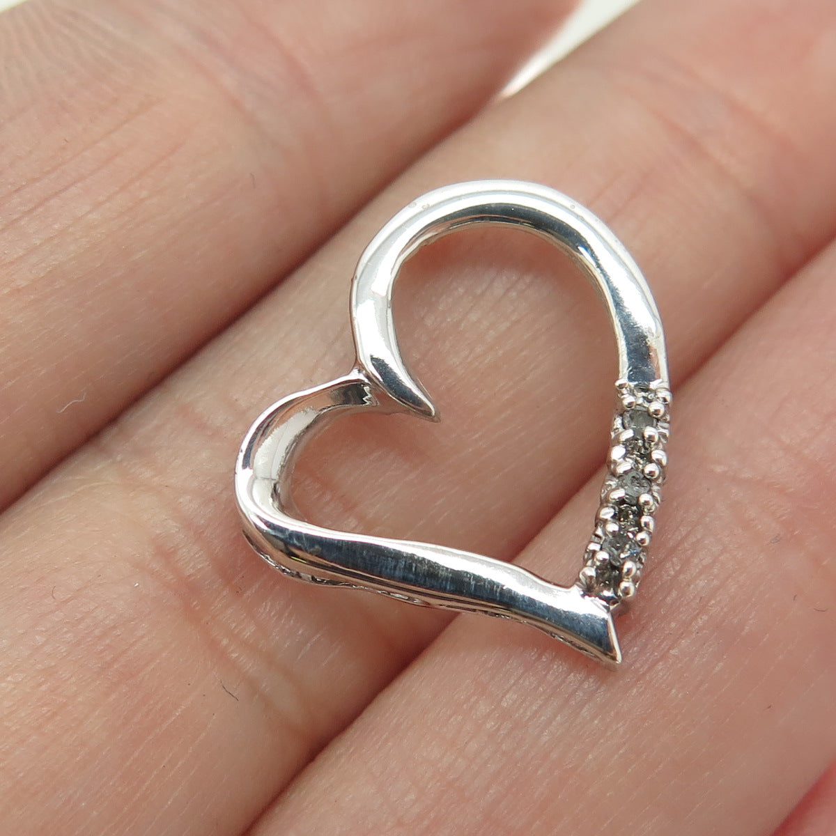 925 Sterling Silver Real Round-Cut Diamond Heart Slide Pendant