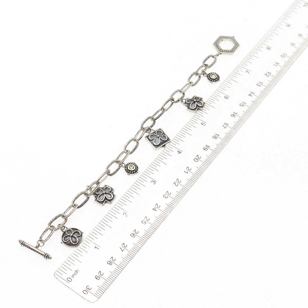 925 Sterling Silver Vintage Real Peridot Cross Floral Charm Oxidized Bracelet 7"