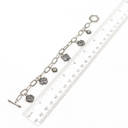 925 Sterling Silver Vintage Real Peridot Cross Floral Charm Oxidized Bracelet 7"