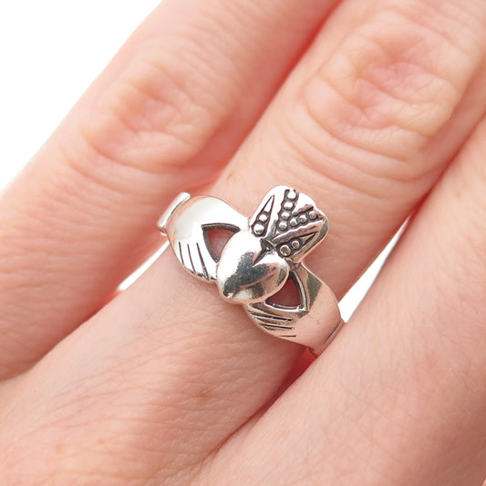 925 Sterling Silver Vintage Irish Claddagh Oxidized Ring Size 5.25
