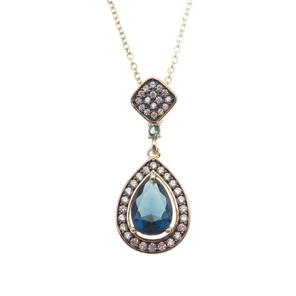 925 Sterling Silver Gold Plated Blue & White C Z Cable Chain Necklace 18"