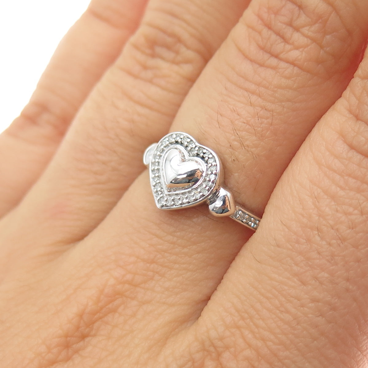 925 Sterling Silver Real Round-Cut Diamond Heart Ring Size 6.75