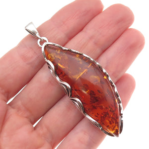 925 Sterling Silver Vintage K Poland Real Amber Modernist Oxidized Pendant