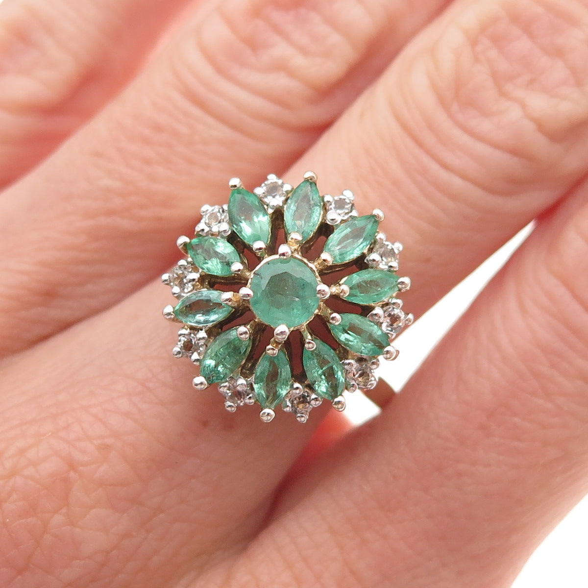 Stauer 925 Sterling Silver Gold Plated Real Emerald & White Topaz Ring Size 9