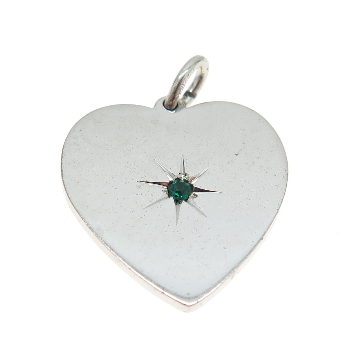 925 Sterling Silver Vintage A&Z Green Rhinestone Heart Tag Pendant