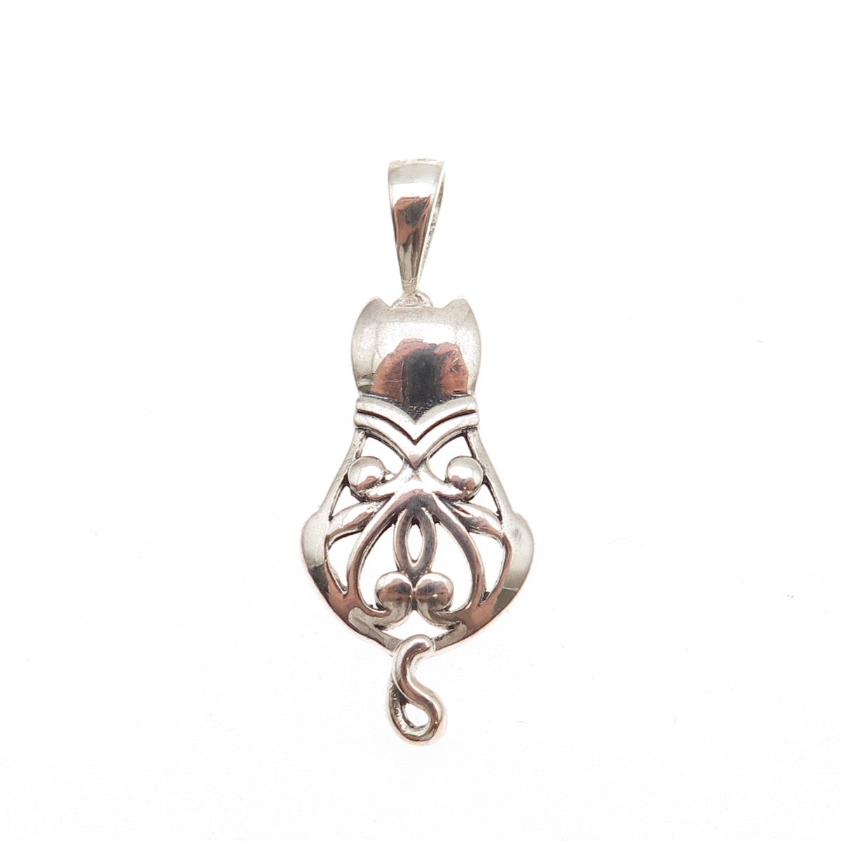 925 Sterling Silver Vintage Cat Ornate Oxidized Charm Pendant