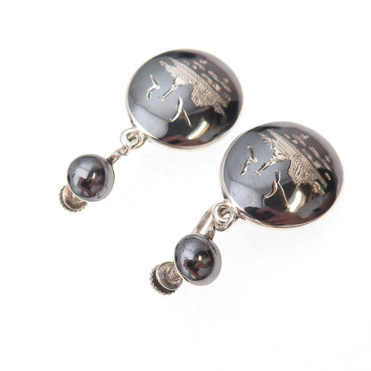 925 Sterling Silver Antique Siam Niello Old Town Screw Back Dangle Earrings