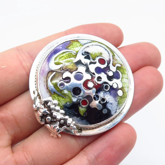 925 Sterling Silver Vintage W. LEWIS Colorful Enamel Ornate Pin Brooch / Pendant