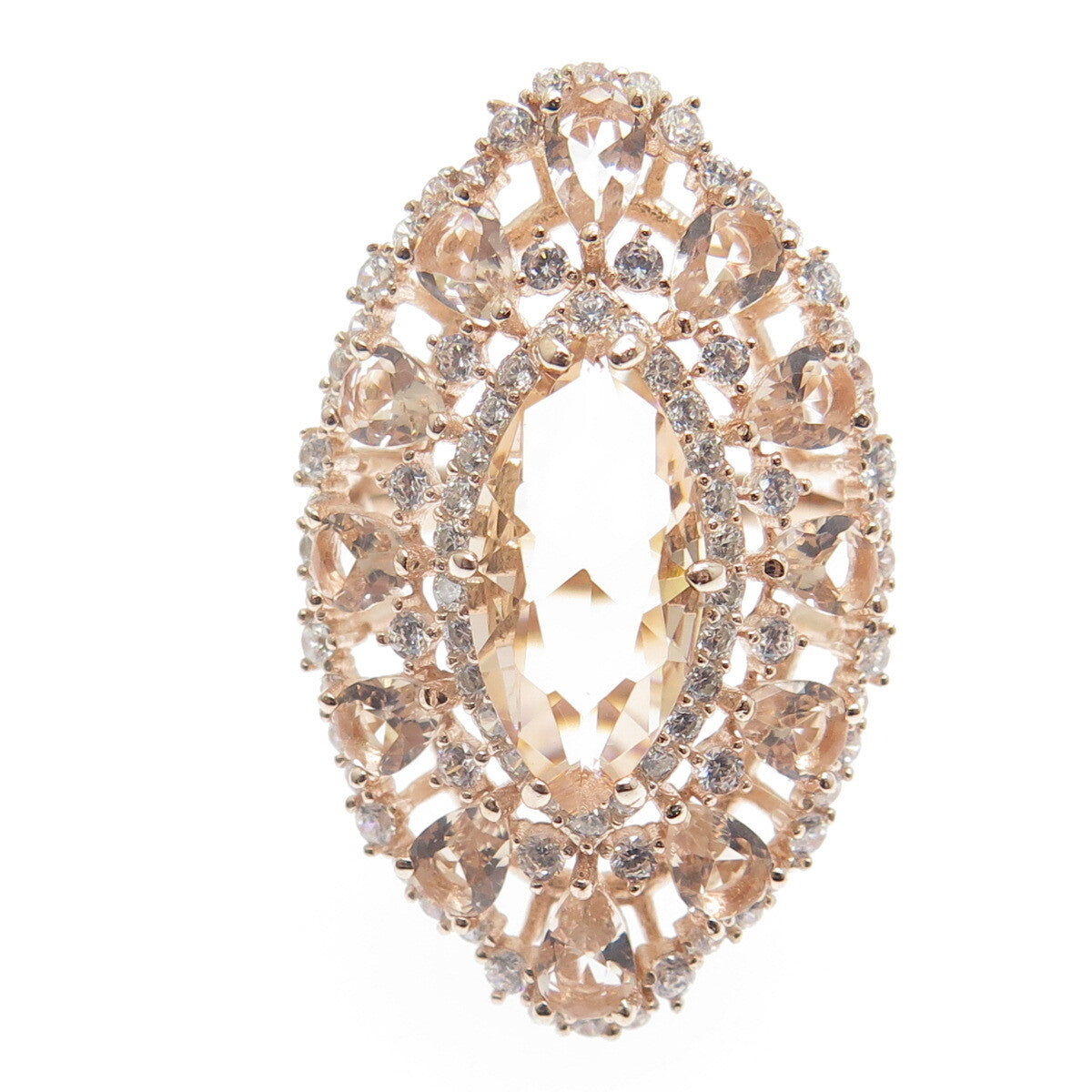 DSMK 925 Sterling Silver Gold Plated Morganite Gem C Z Statement Ring Size 7.25