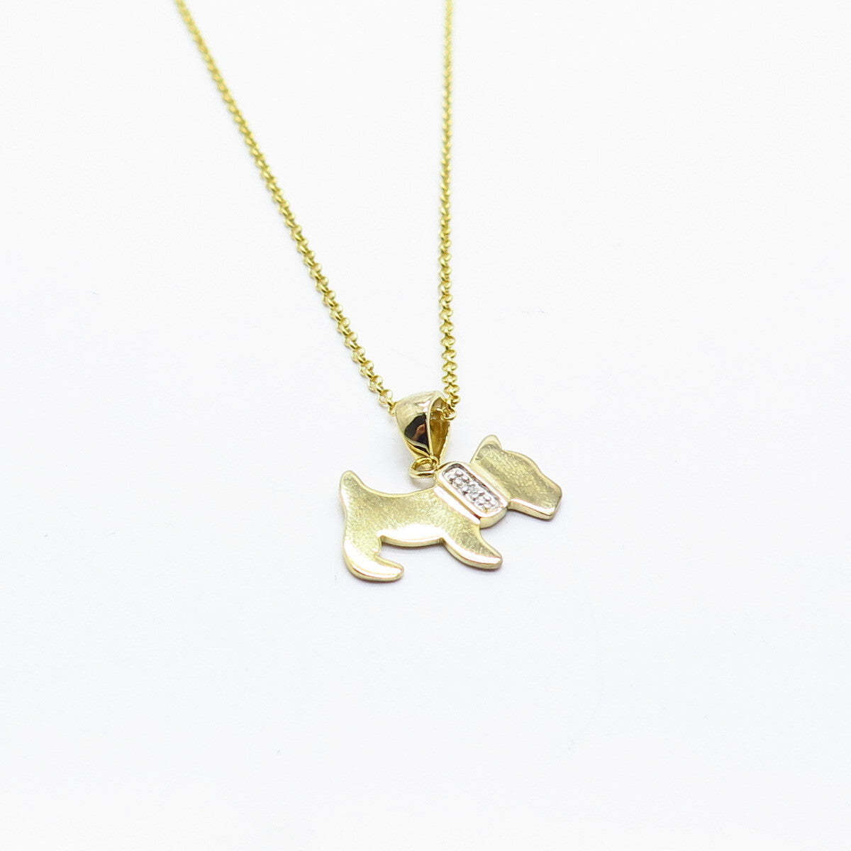 925 Sterling Silver Gold Plated Real White Diamond Dog Rolo Chain Necklace 17"