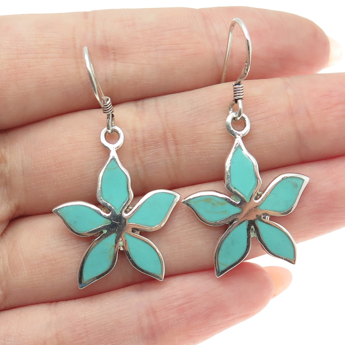 925 Sterling Silver Vintage Real Turquoise Flower Dangle Earrings