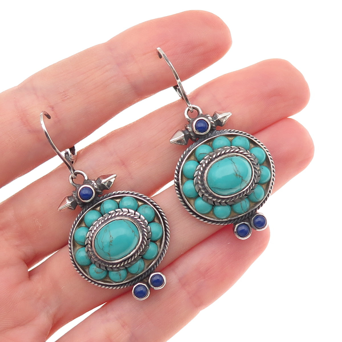 925 Sterling Silver Vintage Real Turquoise & Lapis Oxidized Dangle Earrings