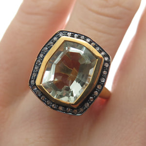 925 Sterling Silver Gold Plated Real Diamond & Green Amethyst Ring Size 6.75