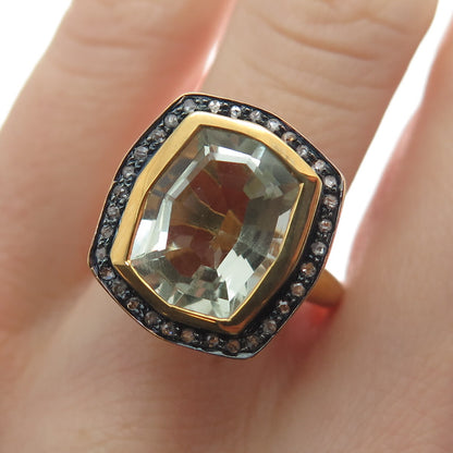 925 Sterling Silver Gold Plated Real Diamond & Green Amethyst Ring Size 6.75