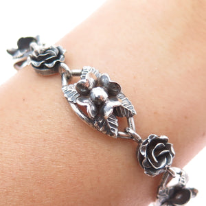 800 Silver Antique Art Deco Clover Flower Oxidized Link Bracelet 7.25"