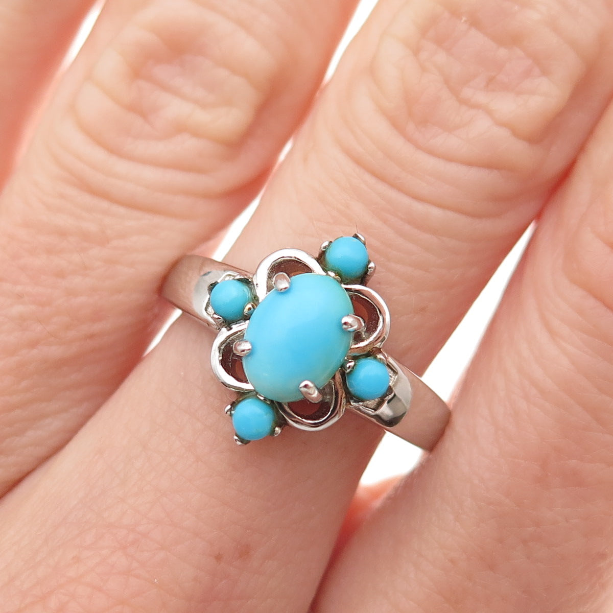 925 Sterling Silver Real Sleeping Beauty Turquoise Floral Ring Size 8