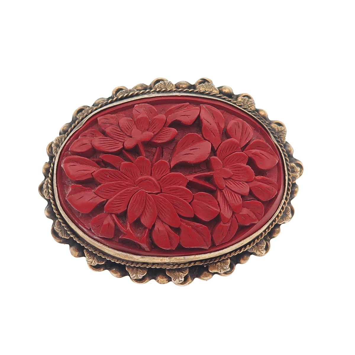 SUNG 925 Sterling Gold Plated Antique China Cinnabar Floral Brooch (missing pin)