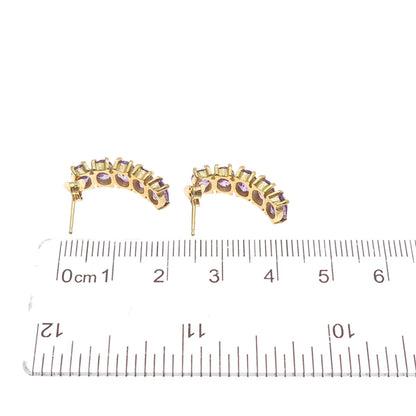 925 Sterling Silver Gold Plated Real Oval-Cut Amethyst Cluster Bar Drop Earrings