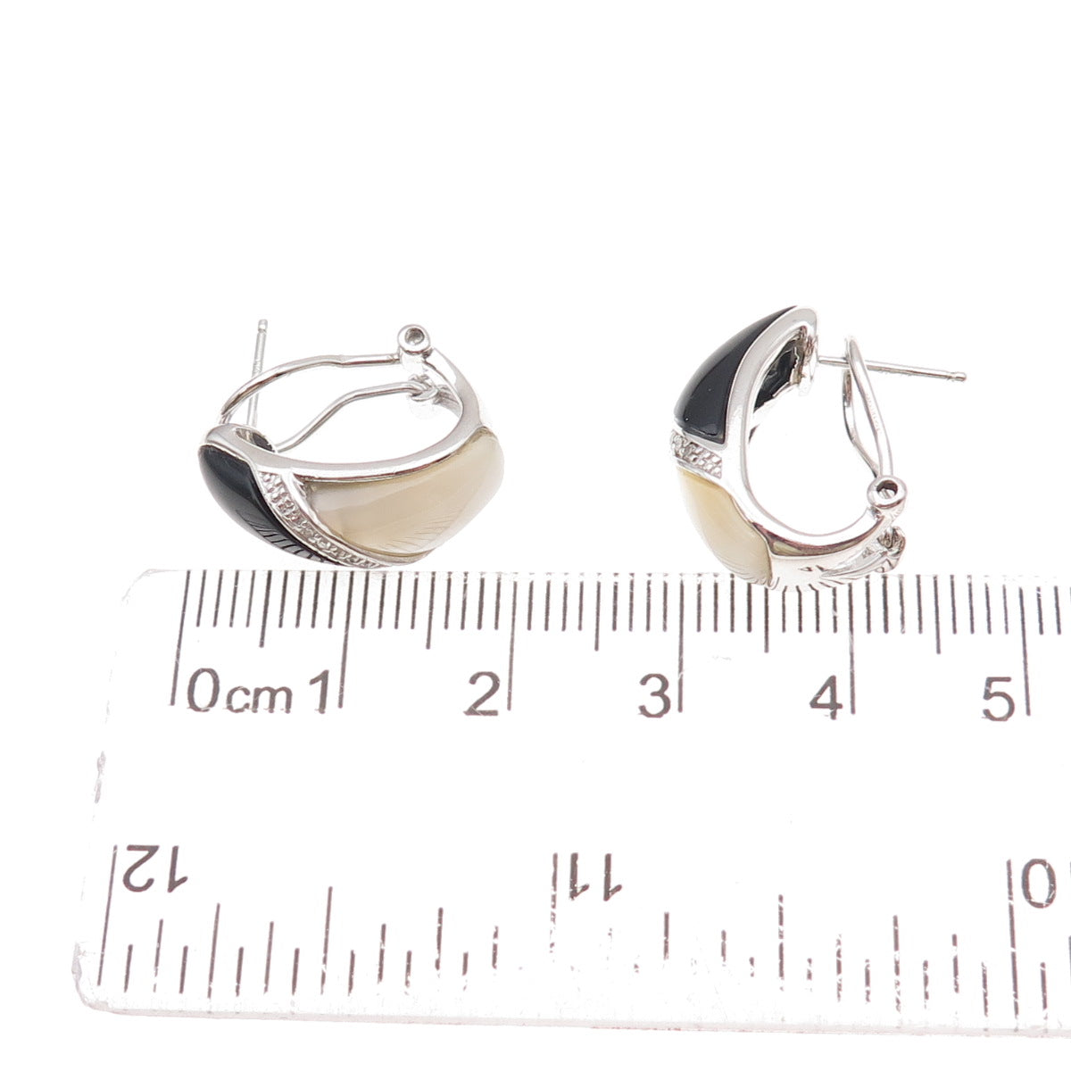 Sai 925 Sterling Silver Real Diamond Black Onyx & MOP Omega Back Earrings