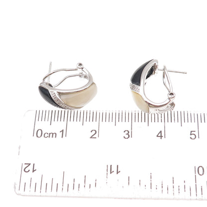 Sai 925 Sterling Silver Real Diamond Black Onyx & MOP Omega Back Earrings
