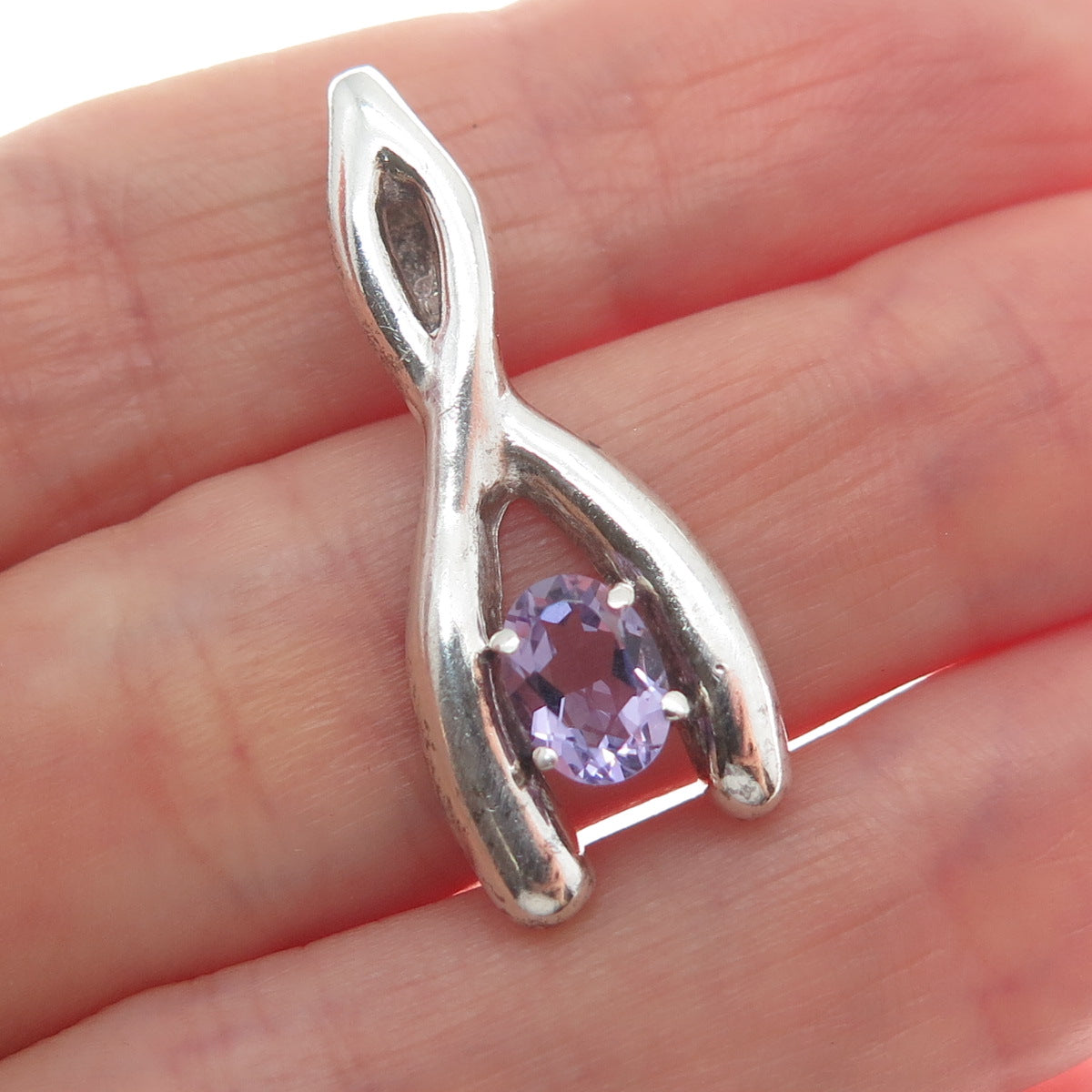 925 Sterling Silver Vintage Real Amethyst Twisted Wishbone Mini Charm Pendant