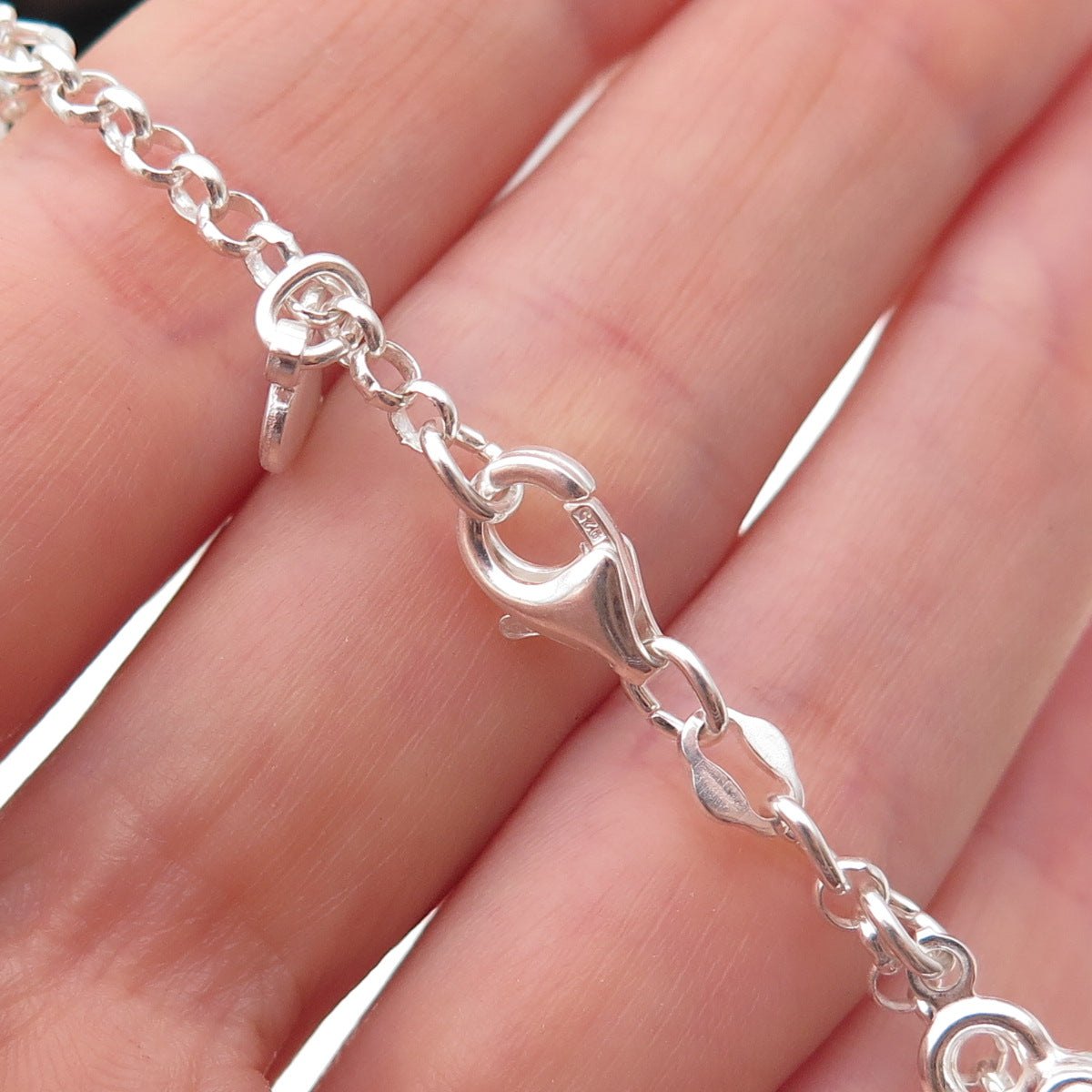 925 Sterling Silver Italy Heart Lock Dangle Charm Rolo Link Bracelet 7"