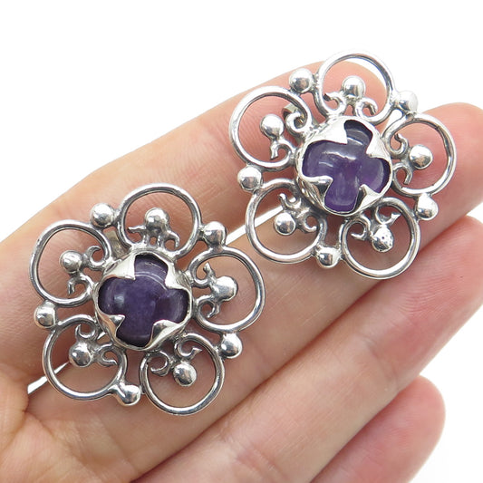 925 Sterling Silver Vintage Mexico Real Amethyst Floral Screw Back Earrings