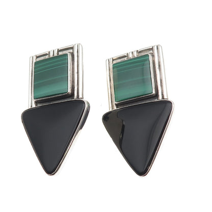 Sam Lovato Christopher's Old Pawn Sterling 1991 Malachite Onyx Clip On Earrings