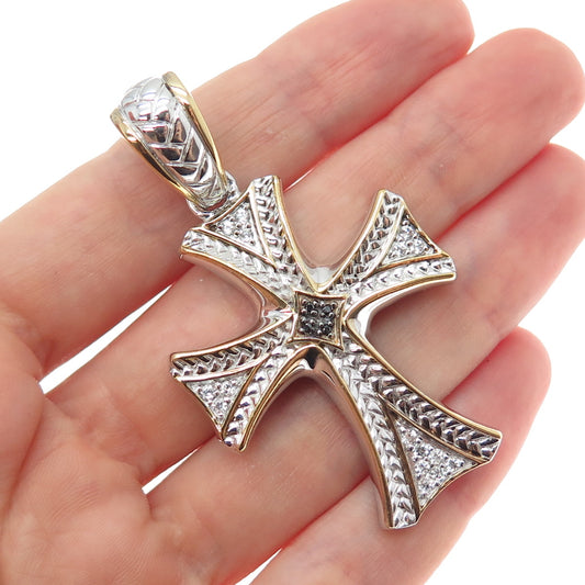 CHAPAL ZENRAY 925 Sterling 2-Tone Real Black Diamond & White Topaz Cross Pendant