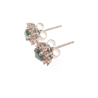 925 Sterling Silver Real Round-Cut Emerald & White Topaz Floral Stud Earrings