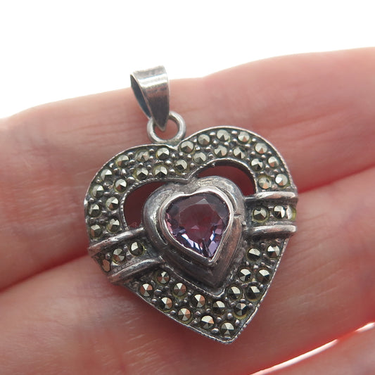 925 Sterling Silver Vintage Real Amethyst & Marcasite Gem Oxidized Heart Pendant