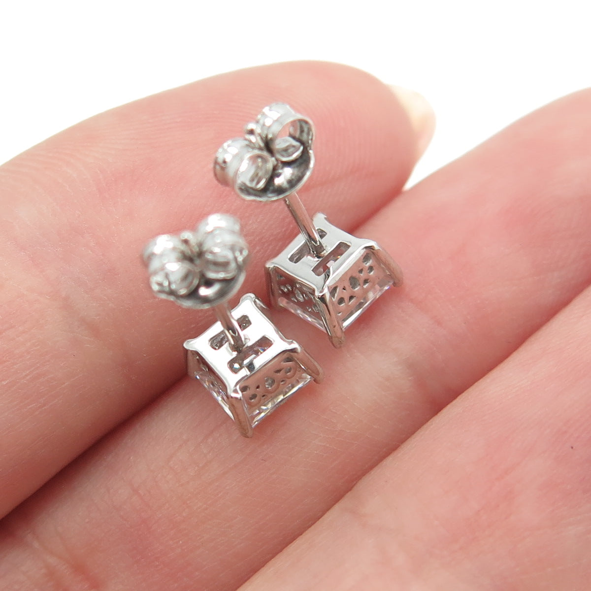 925 Sterling Silver Princess-Cut C Z Stud Earrings