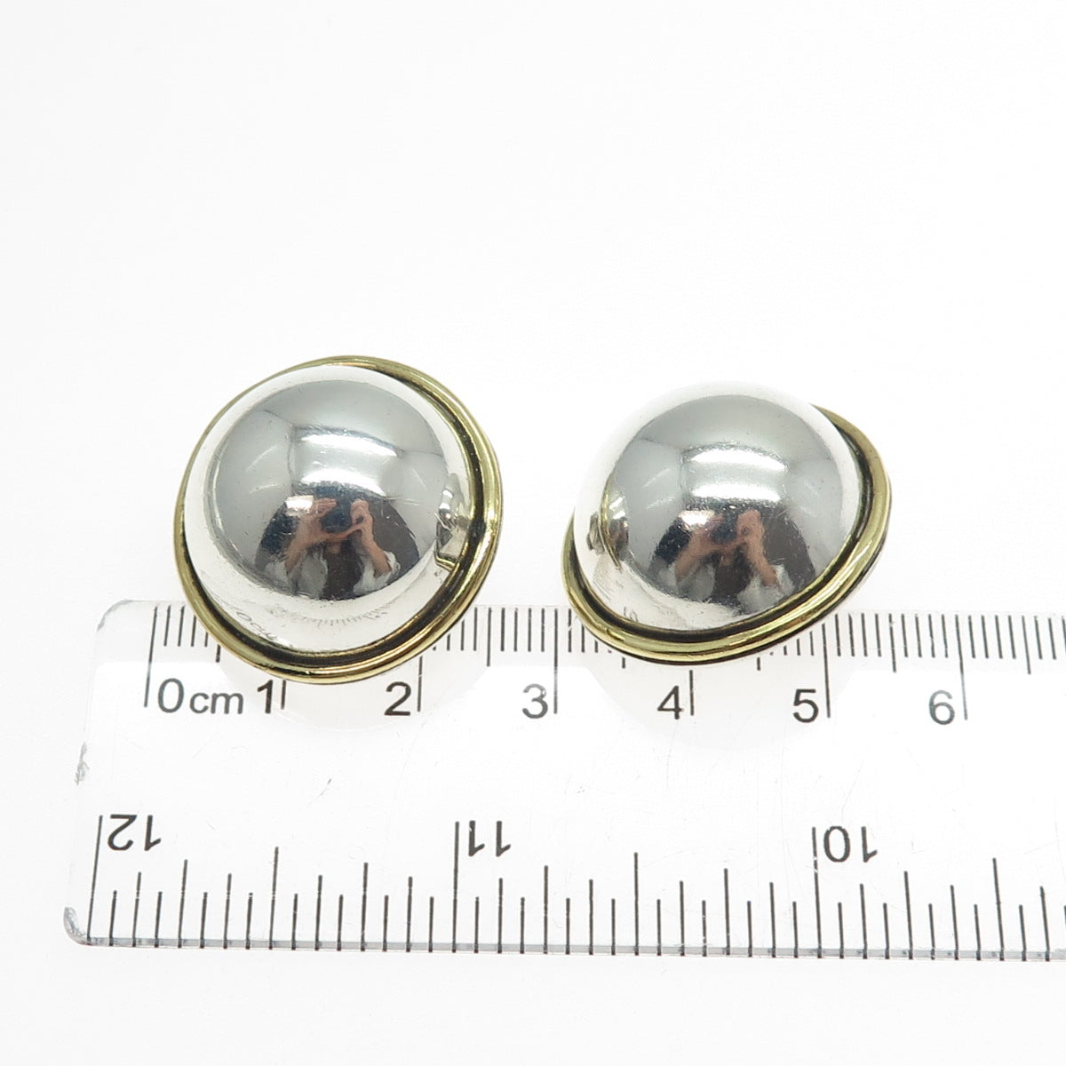 925 Sterling Silver 2-Tone Vintage Mexico Modernist Dome Clip On Earrings