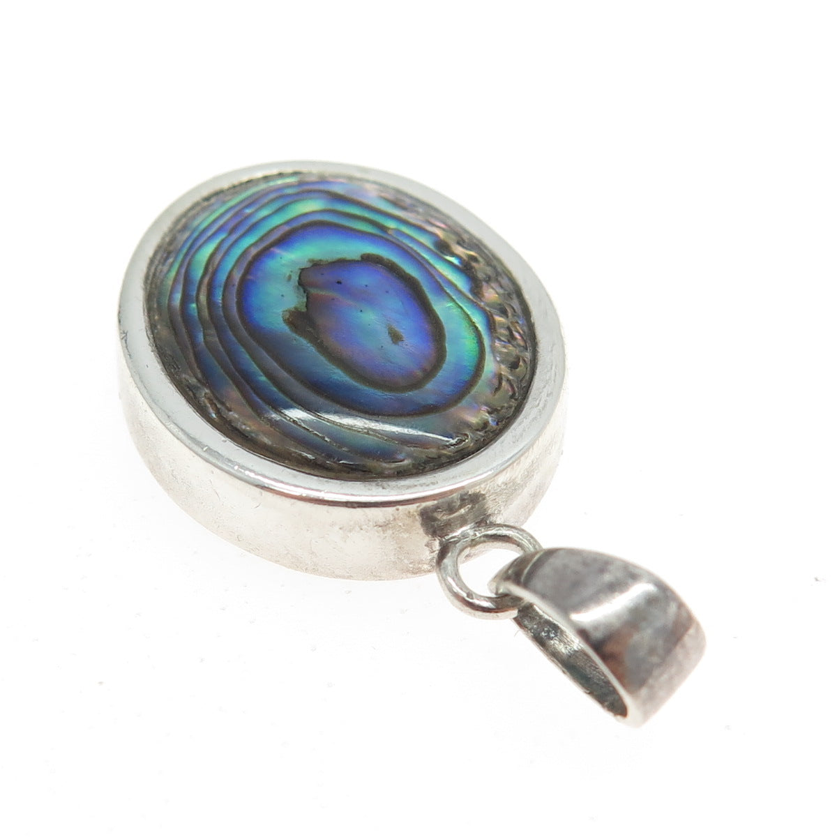 925 Sterling Silver Vintage Real Abalone Shell Oval Pendant