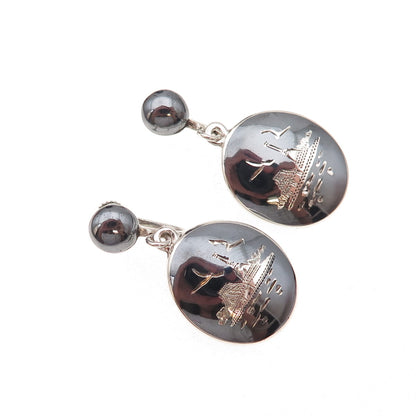 925 Sterling Silver Antique Siam Niello Old Town Screw Back Dangle Earrings