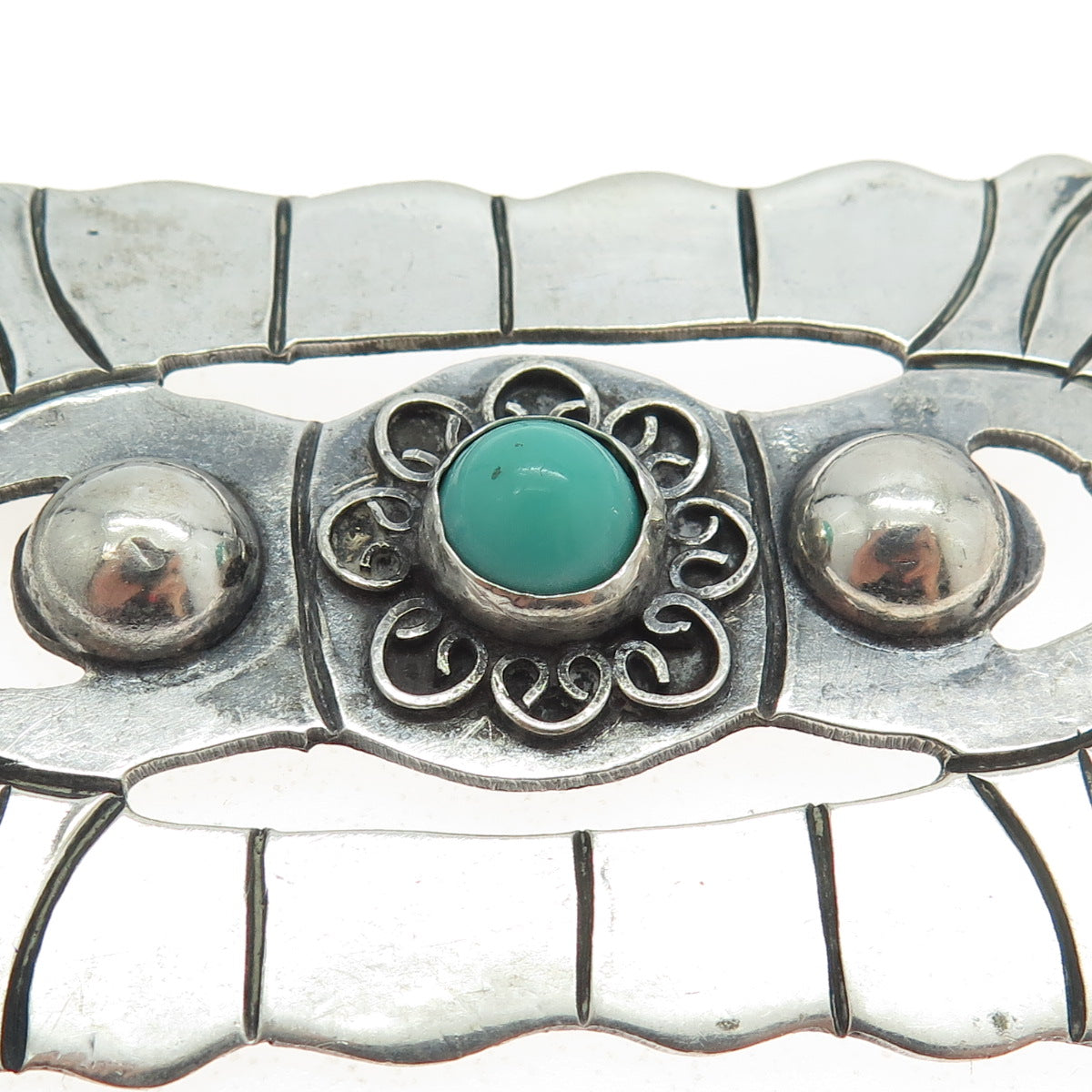 925 Sterling Silver Vintage Mexico Real Turquoise Aztec Tribal Pin Brooch
