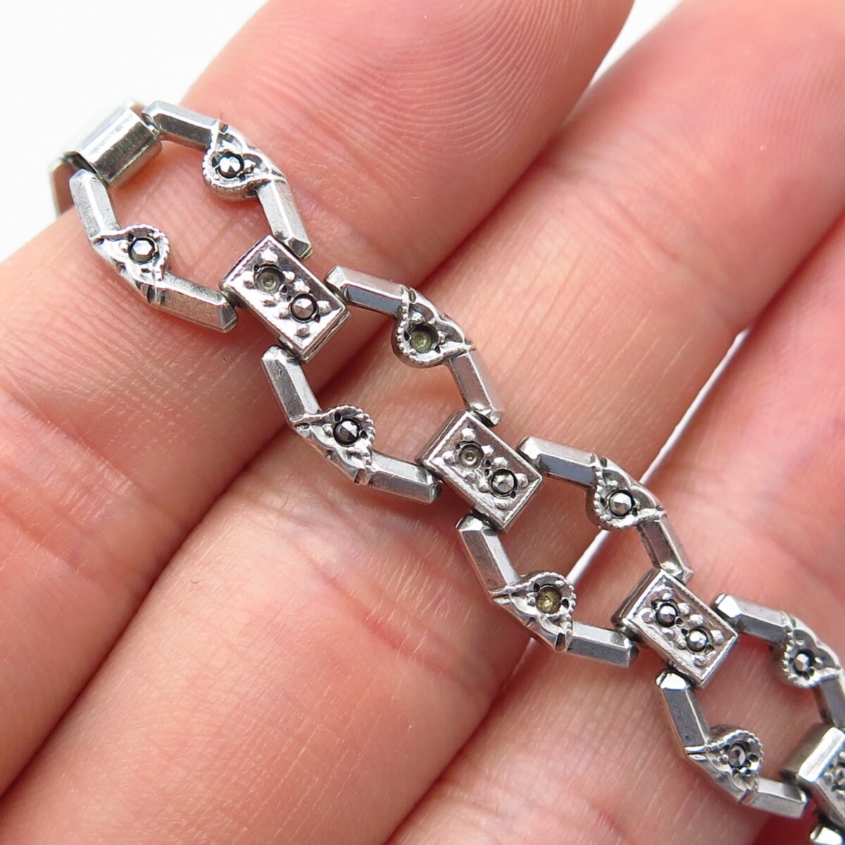 925 Sterling Silver Antique Real Marcasite Gemstone Panel Link Bracelet 7"