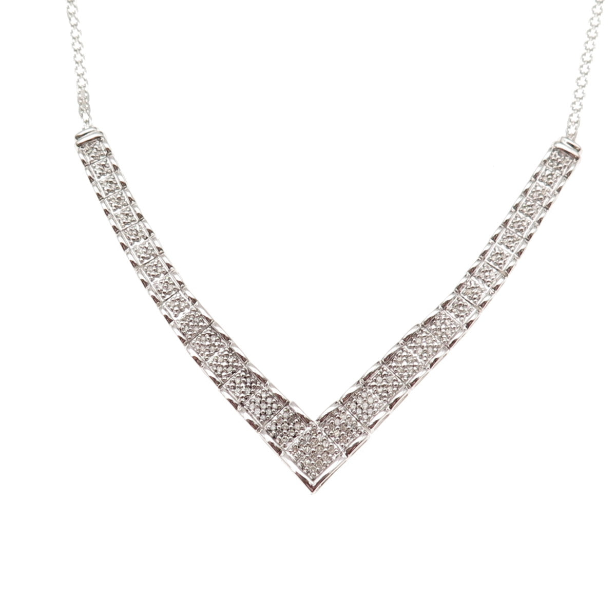 Sun 925 Sterling Silver Real Diamond V-Shape Bismark Chain Necklace 18"