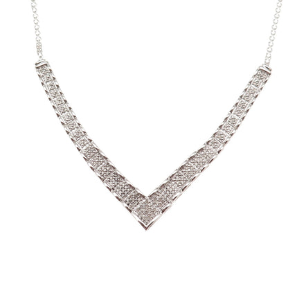 Sun 925 Sterling Silver Real Diamond V-Shape Bismark Chain Necklace 18"