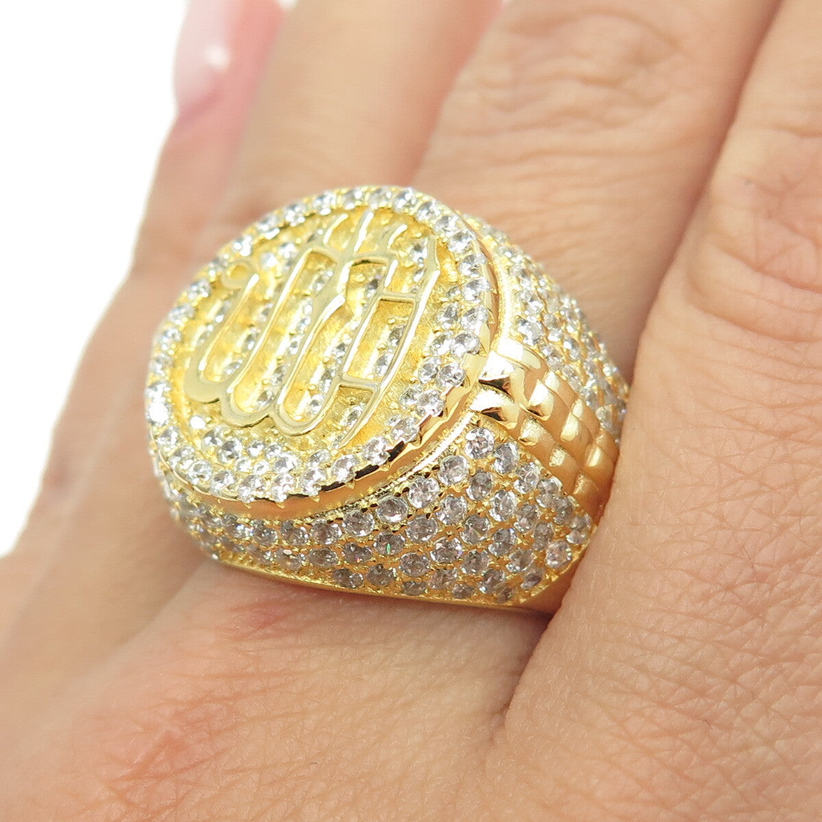 925 Sterling Silver Gold Plated Pave C Z Muslims Allah Religious Ring Size 9.5