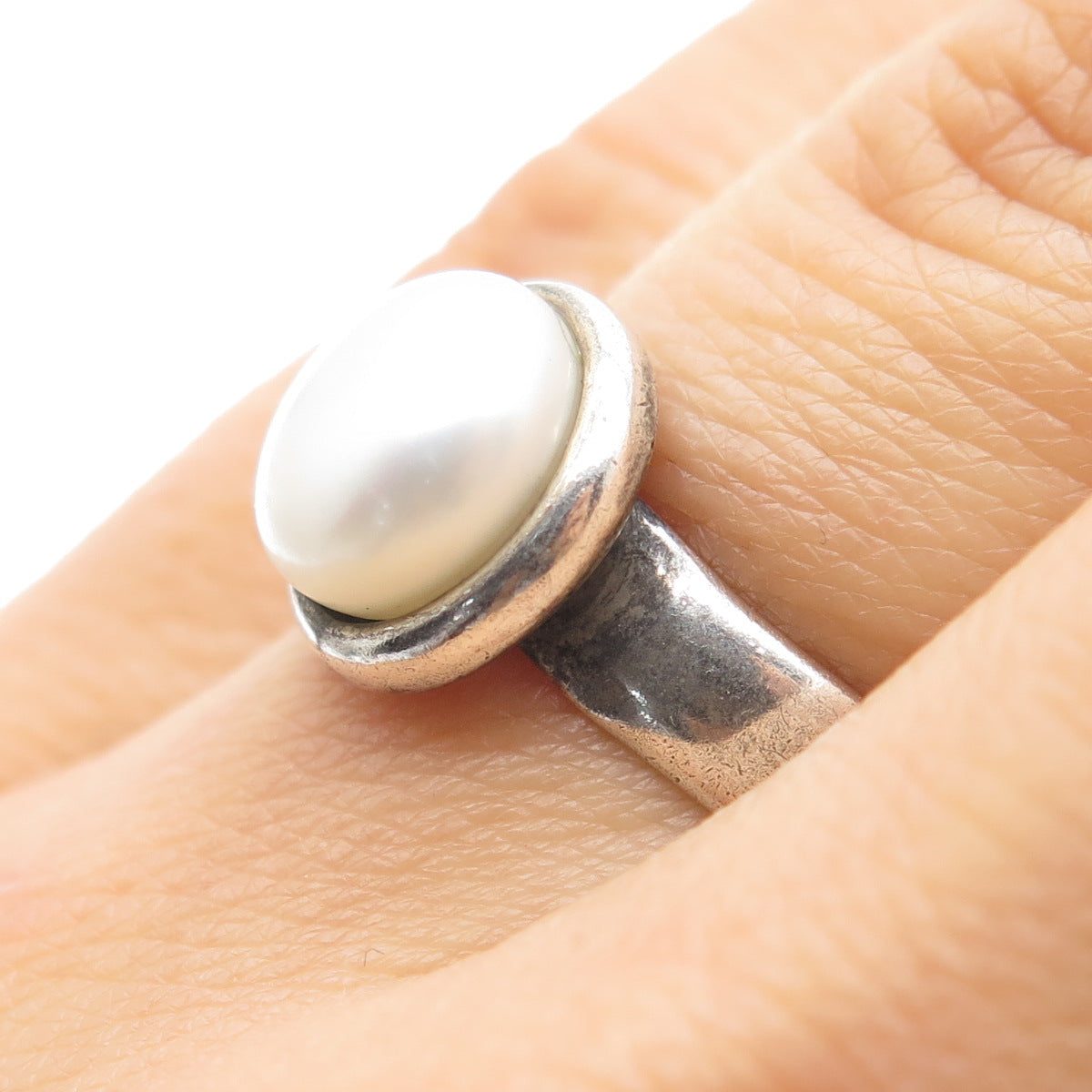 950 Silver Vintage Real Pearl Oxidized Ring Size 6.25