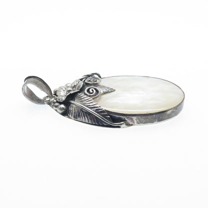 MERAV 925 Sterling Silver Vintage Real MOP Feather Flower Oxidized Pendant