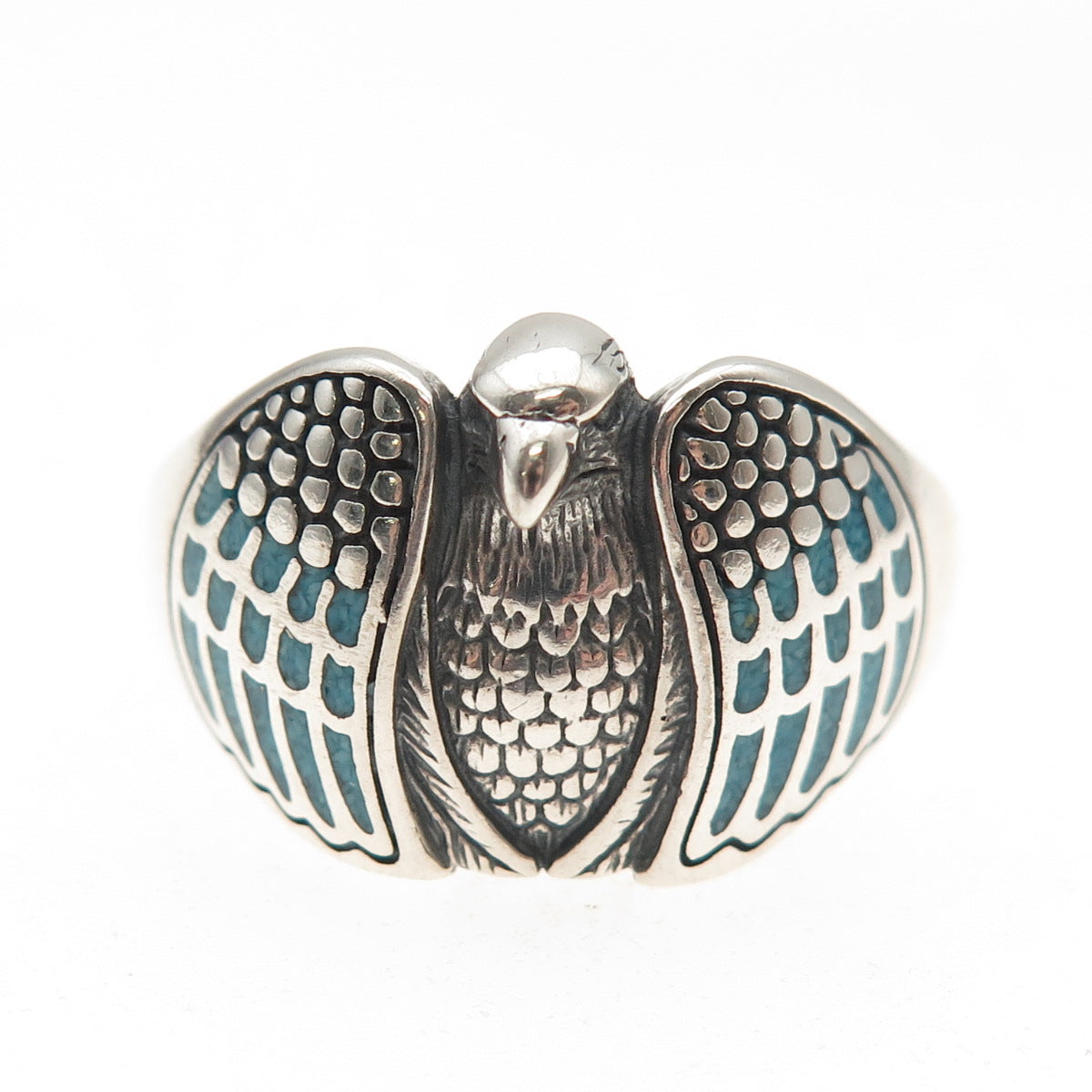Silver Fox Old Pawn 925 Sterling Vintage Turquoise Inlay Eagle Ring Size 13