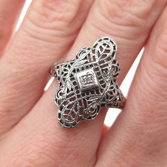 Encore 925 Sterling Silver Vintage Real Diamond Floral Oxidized Ring Size 8