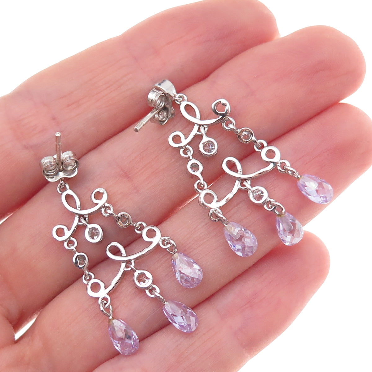 925 Sterling Silver Real Amethyst & C Z Chandelier Dangle Earrings