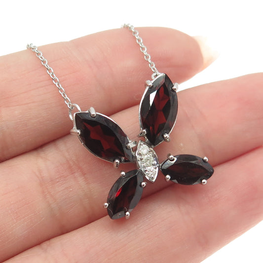 925 Sterling Silver Real White Diamond & Red Garnet Gem Butterfly Necklace 18"